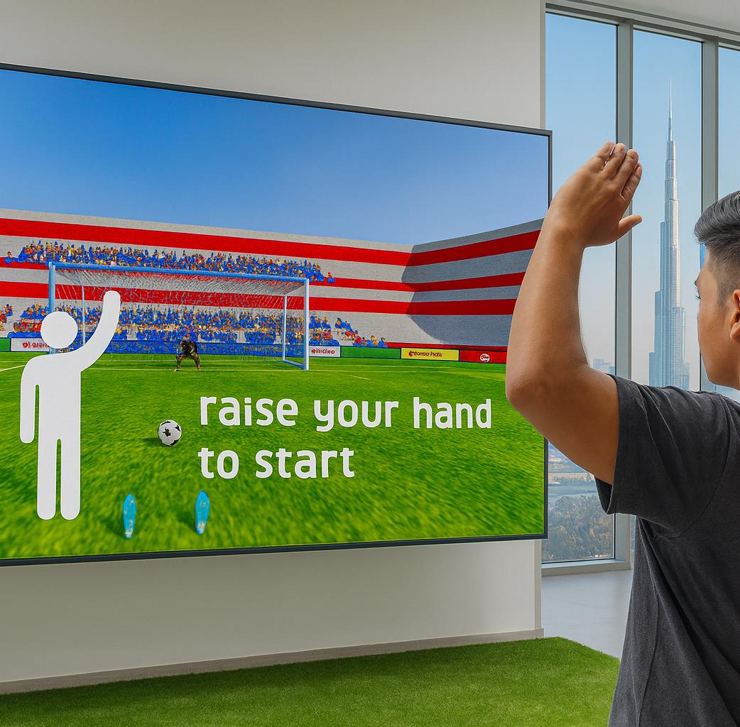 Guests playing a digital soccer penalty shootout game at an event, featuring real-time scoring, interactive gameplay, and customizable branding in the UAE